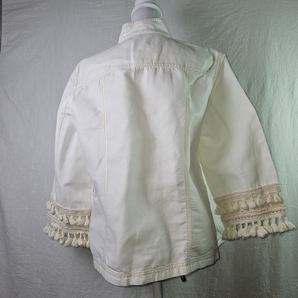 Chicos Cream Button-Up Jacket with Fringe Sz 2 Boho Hippie Utility Spring - Picture 8 of 13
